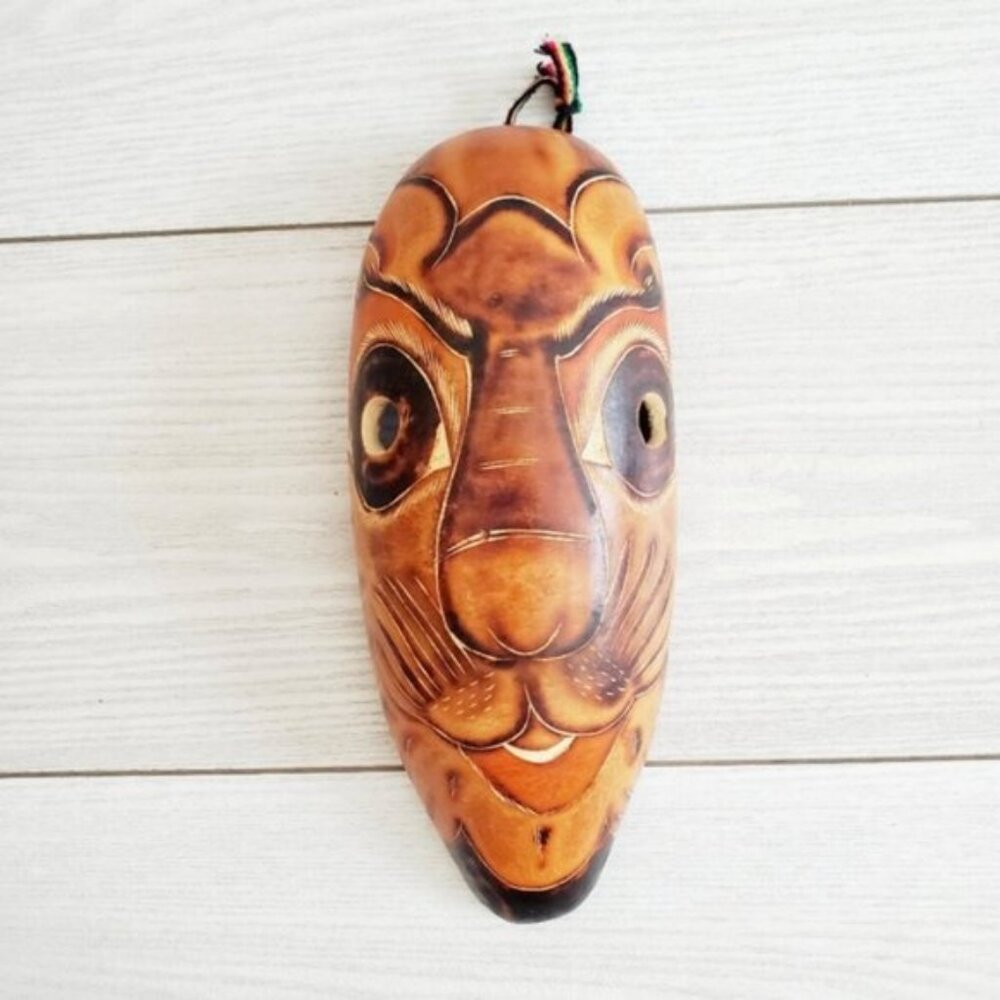 Vintage Handcrafted African Tribal Cat Gourd Mask Wall Decor Handpainted